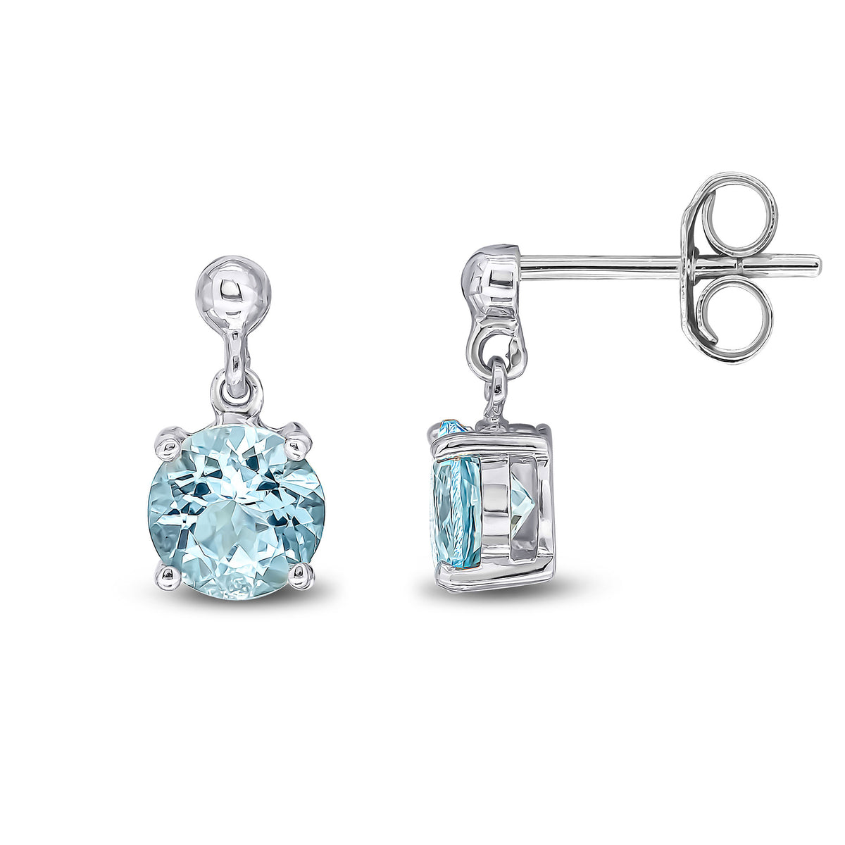9ct White Gold 6mm Round Aquamarine Claw Set Drop Earrings with Bead Top