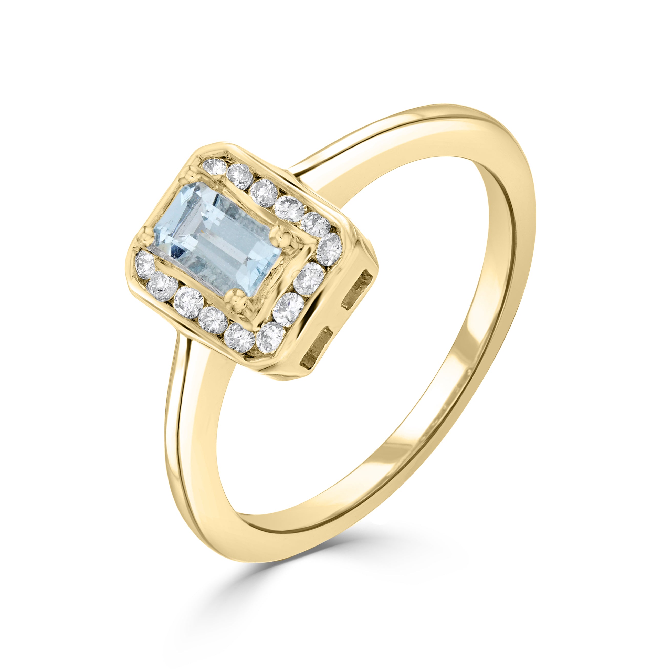 9CT YG CLAW SET 5X3 OCTAGON AQUA AND CHANNEL SET ROUND DIAMOND CLUSTER RING 1