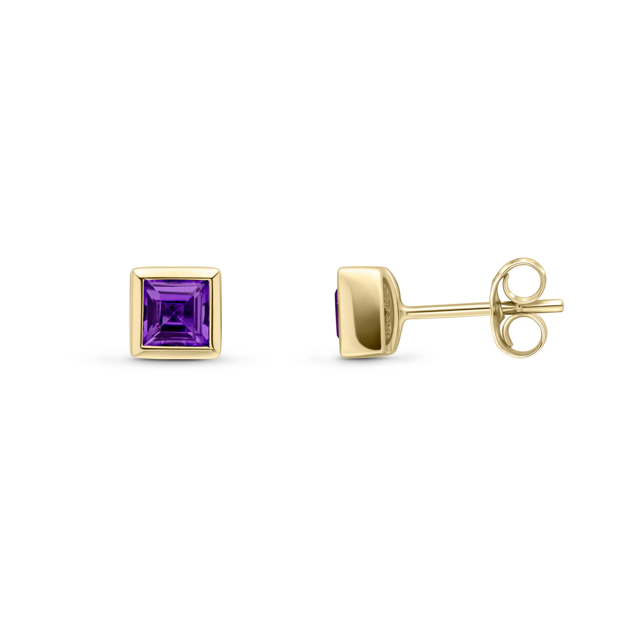 9ct Yellow Gold 4mm Square Amethyst Rubover Set Earrings