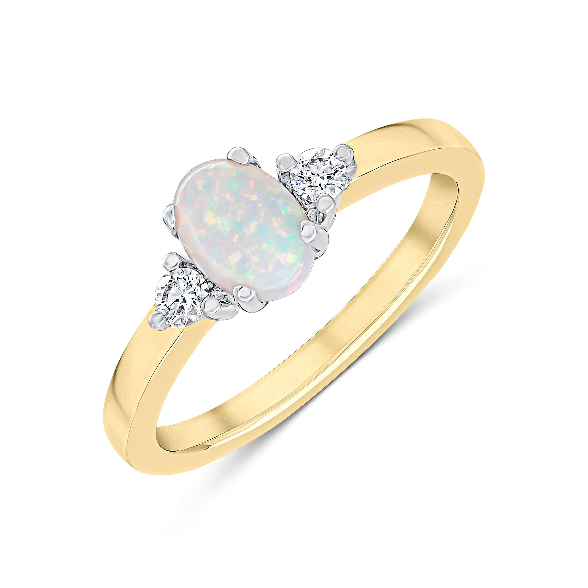 18ct Yellow Gold 7x5mm Oval Opal and Round Diamond Claw Set 3 Stone Ring Rhodiumed Head