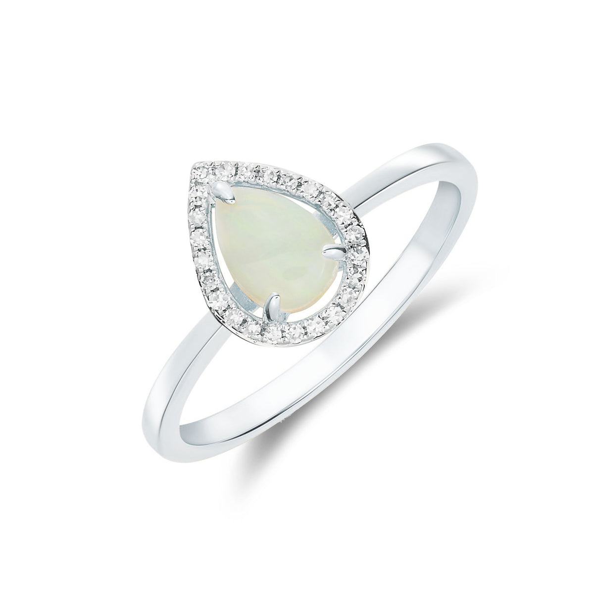 9ct White Gold 7x5 Pear Shape Opal & Round Diamond Claw Set Halo Cluster Ring