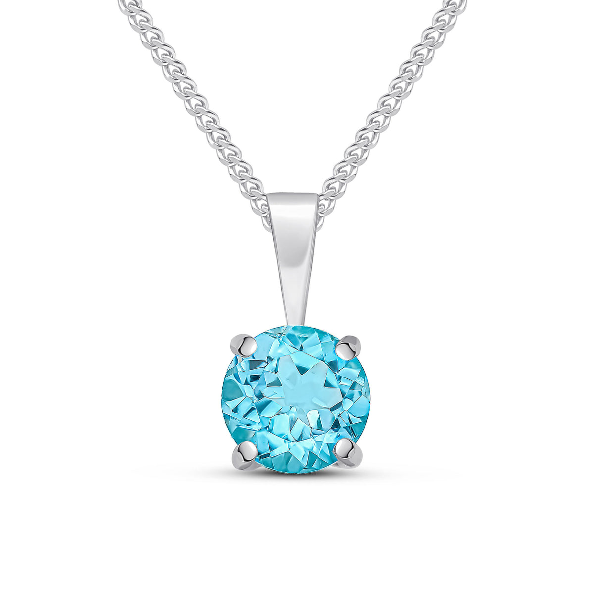 9ct White Gold 6mm Round Swiss Blue Topaz 4 Claw Pendant