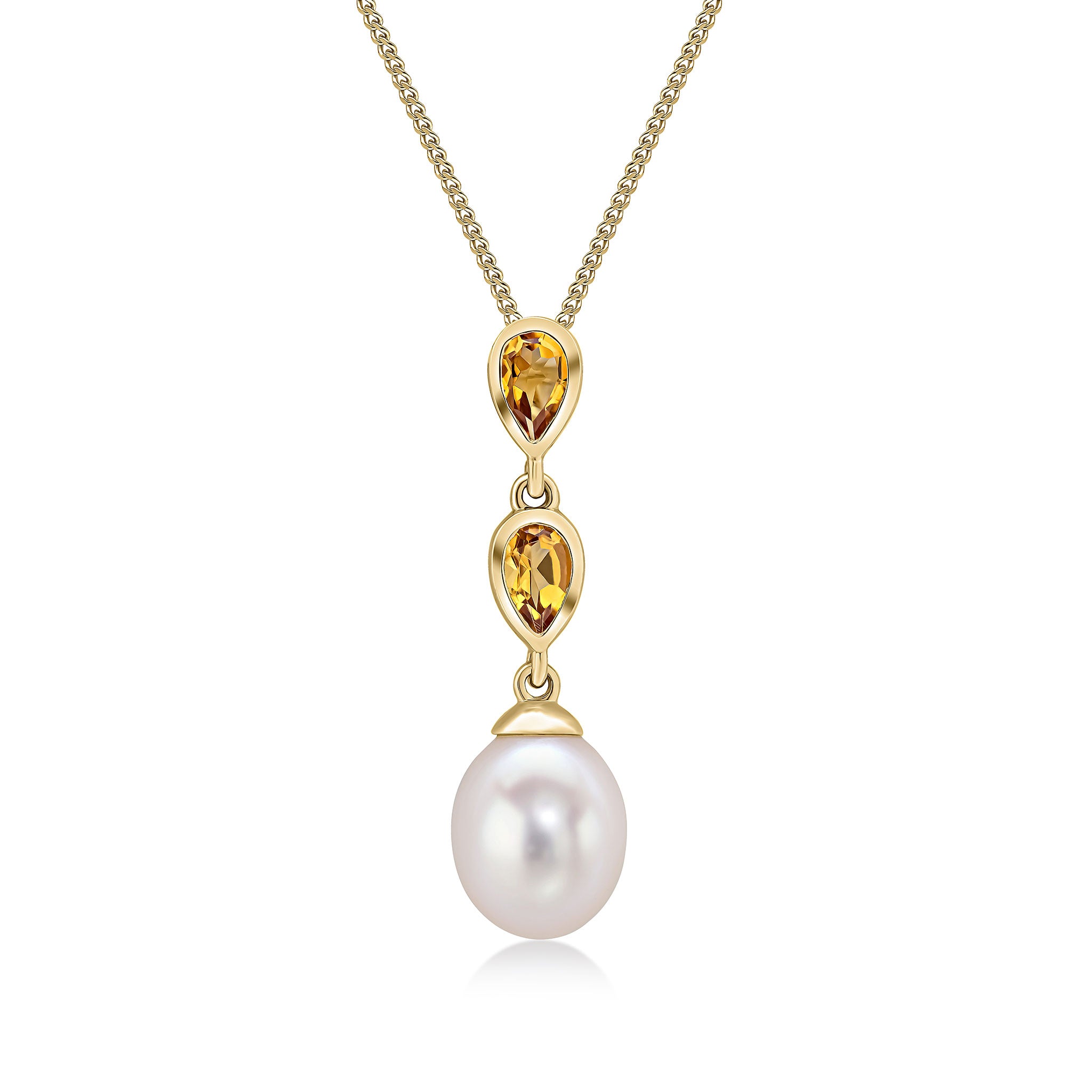 9ct Yellow Gold Fresh Water Pearl & Pear Shaped Citrine Double Drop Pendant