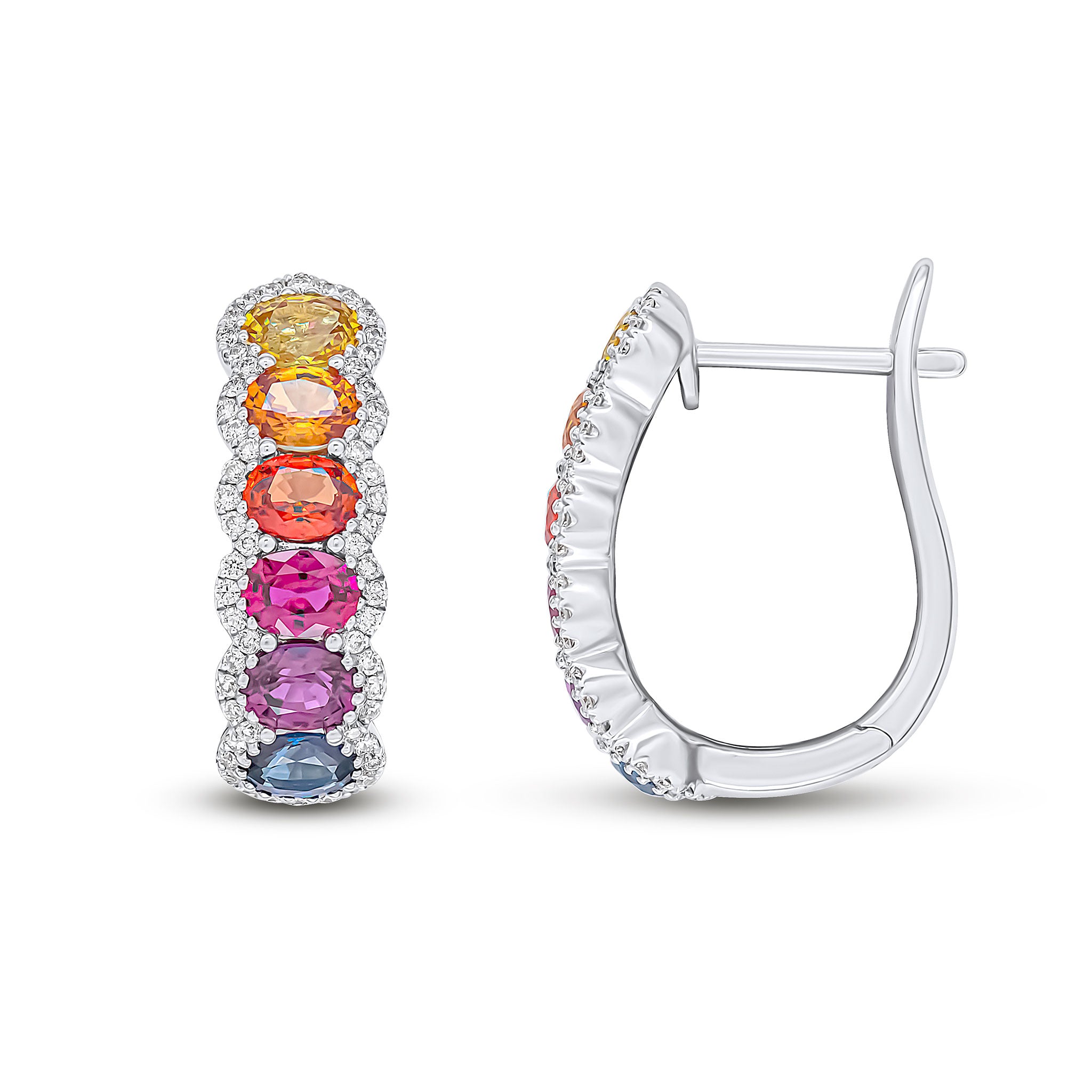 18ct White Gold Oval Multi-Sapphire and Round Diamond Clusters Hinged Hoop Earrings