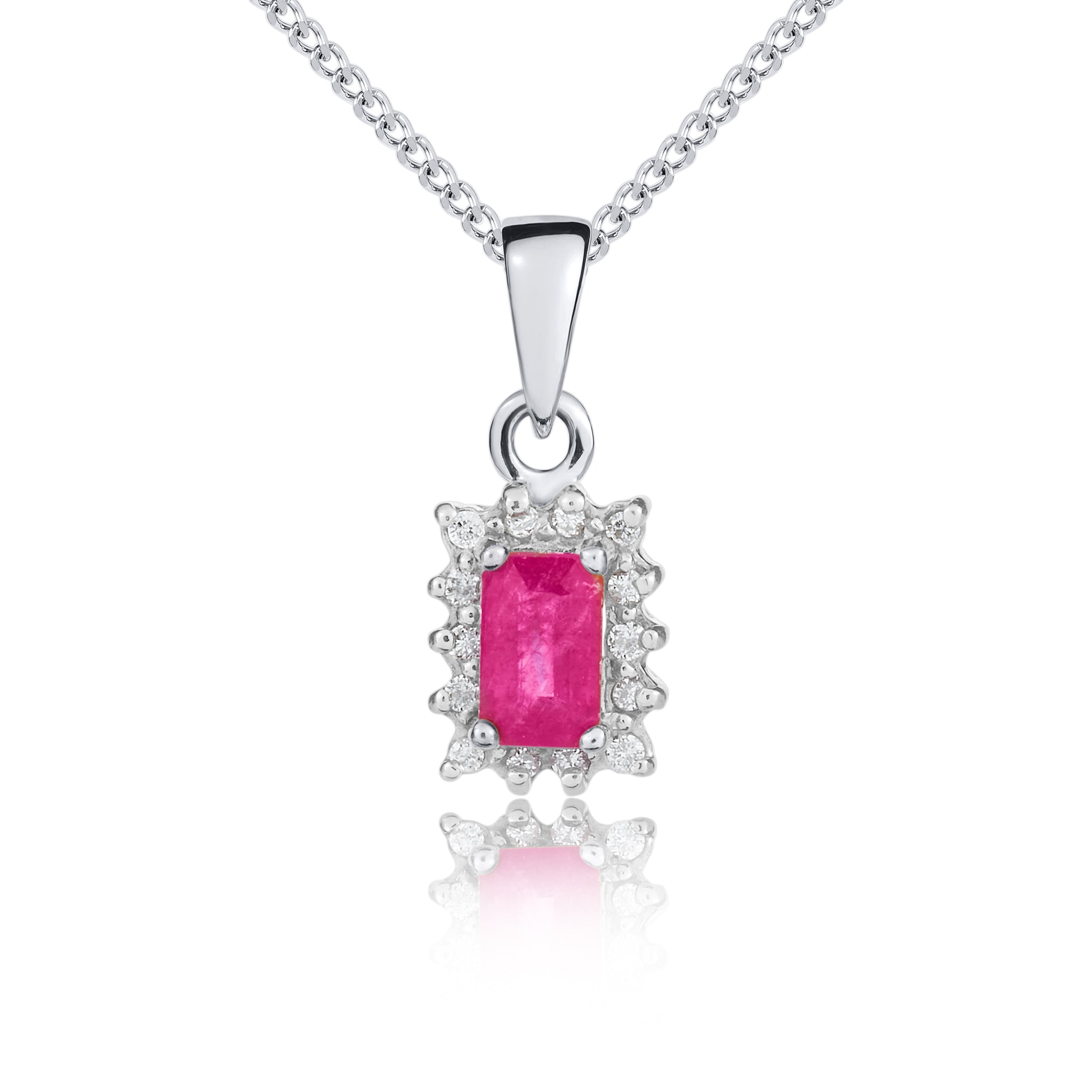 9ct White Gold 5x3 Octagon Ruby & Diamond Claw Set Cluster Pendant