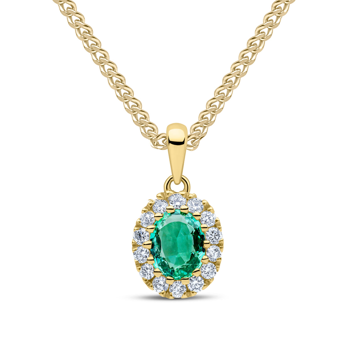 18ct Yellow Gold 5x4 Oval Emerald & Diamond Claw Set Cluster Pendant