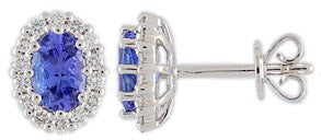 18ct White Gold 6x4 Oval Tanzanite and Round Diamond Claw Set Cluster Earrings