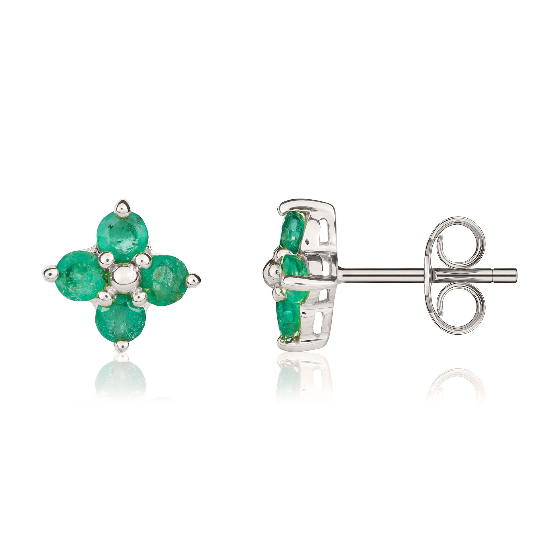 9ct White Gold Round Emerald Quatrefoil Claw Earrings