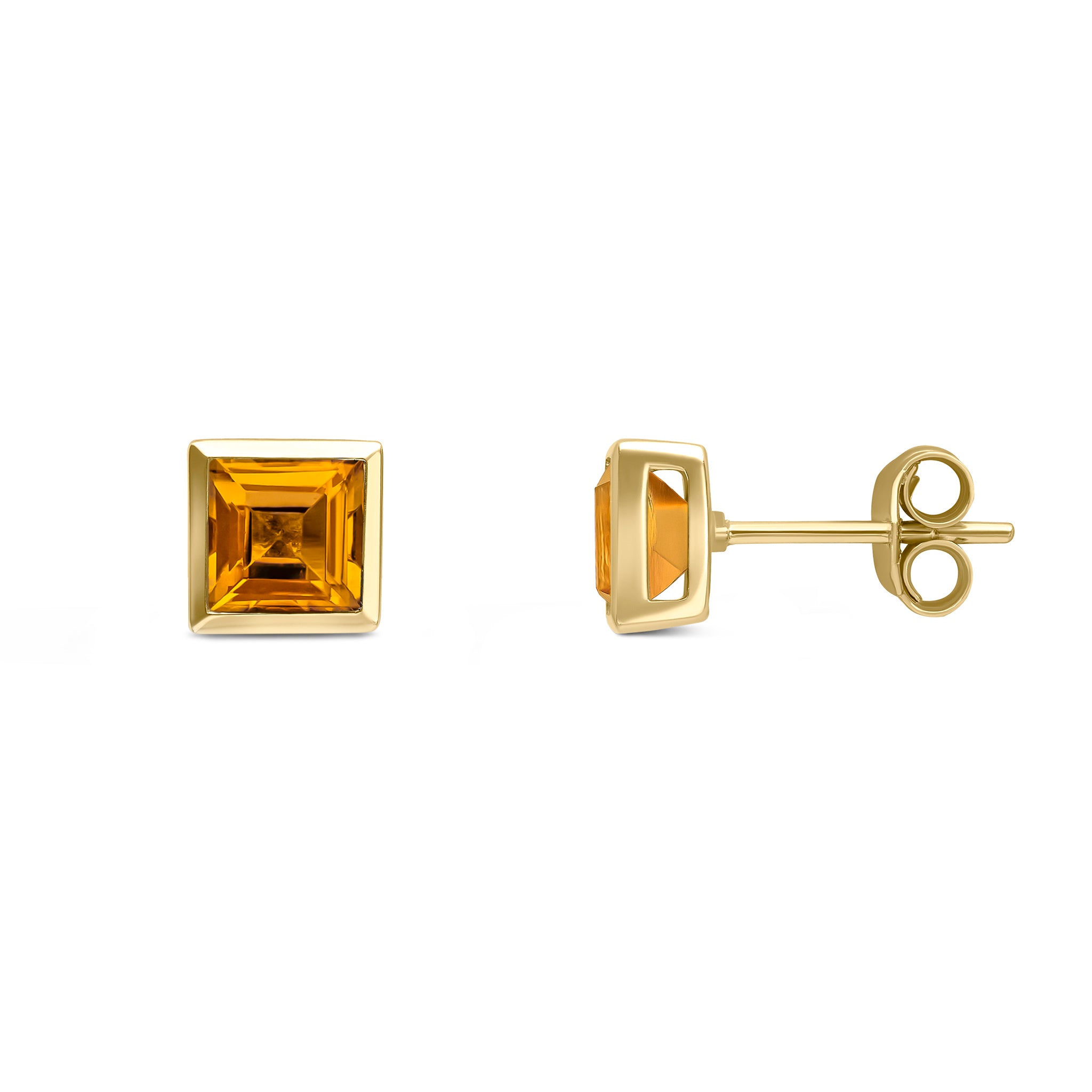 9ct Yellow Gold 5mm Square Citrine Rubover Set Earrings