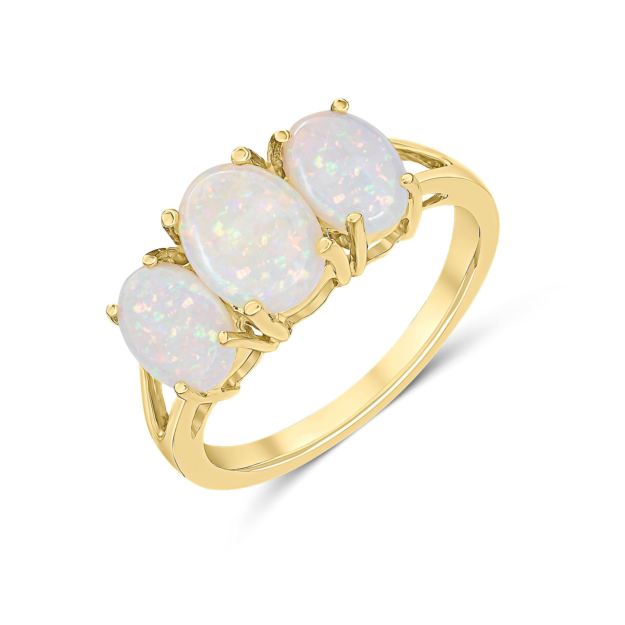 9ct Yellow Gold Oval Opal Claw Set 3 Stone Ring with Split Shoulders