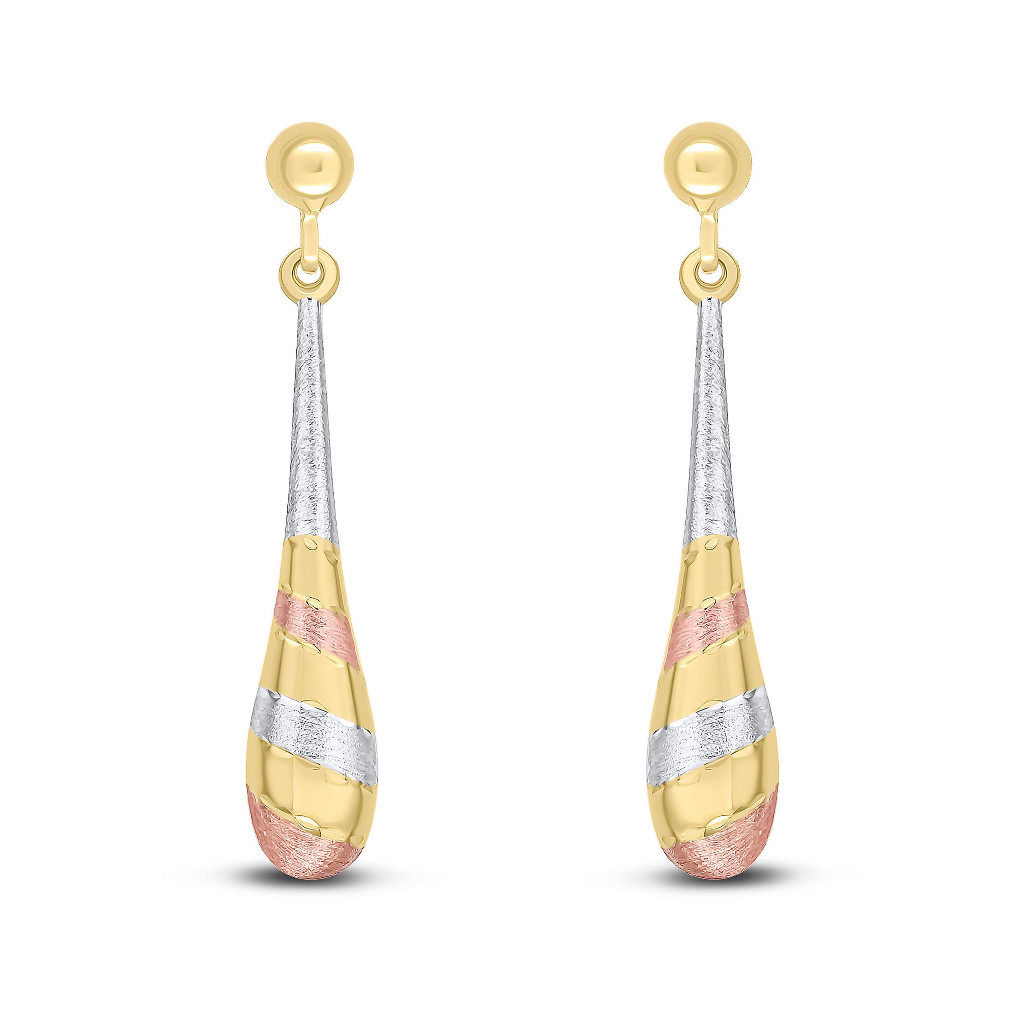 9ct Yellow, White And Rose Gold Striped Torpedo Drop Earrings