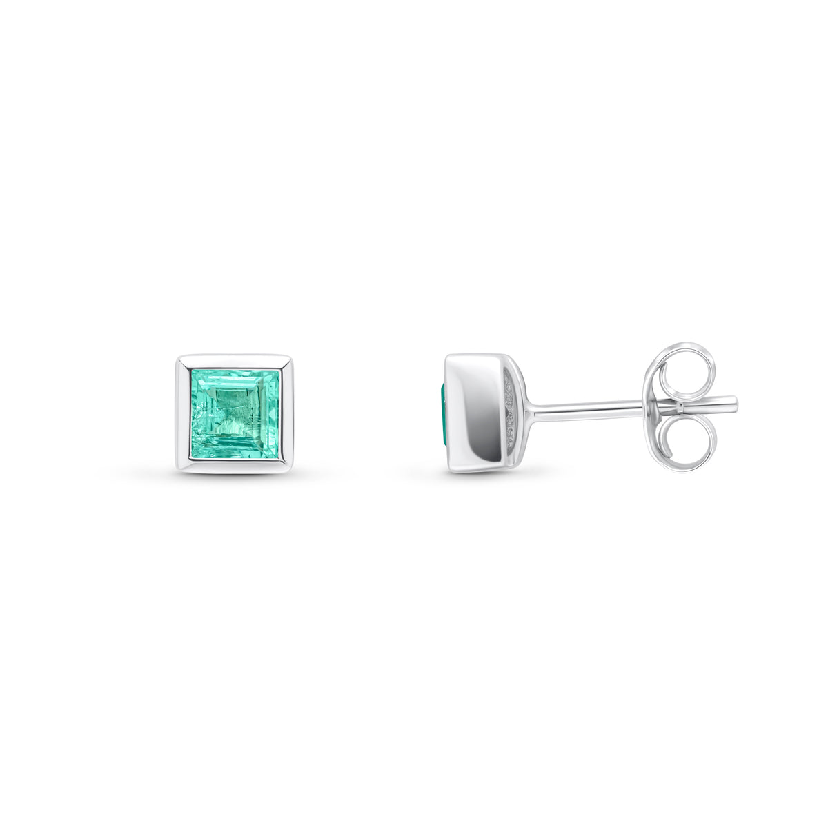 9ct White Gold 4mm Square Emerald Rubover Set Stud Earrings
