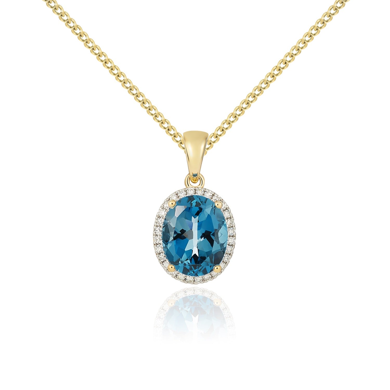 9ct Yellow Gold 10x8 Oval London Blue Topaz & Diamond Cluster Pendant