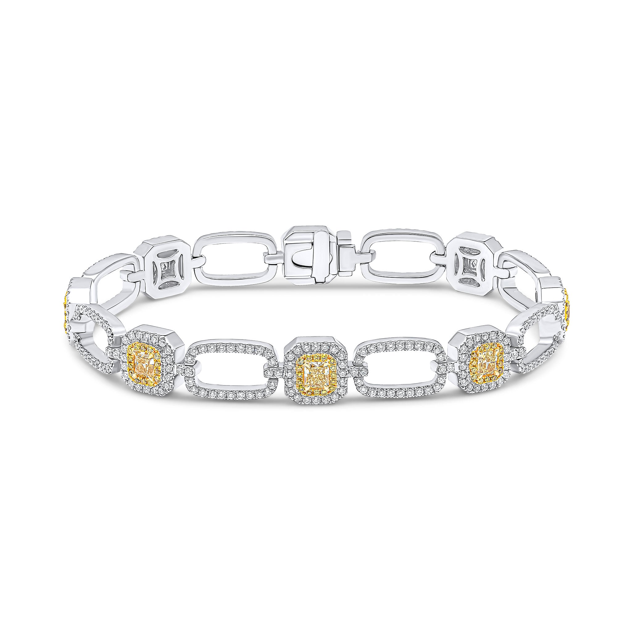 18ct Yellow and White Gold Radiant and Round Yellow Diamond and Round Diamond Clusters and Open Oblong Link Bracelet All Claw Set