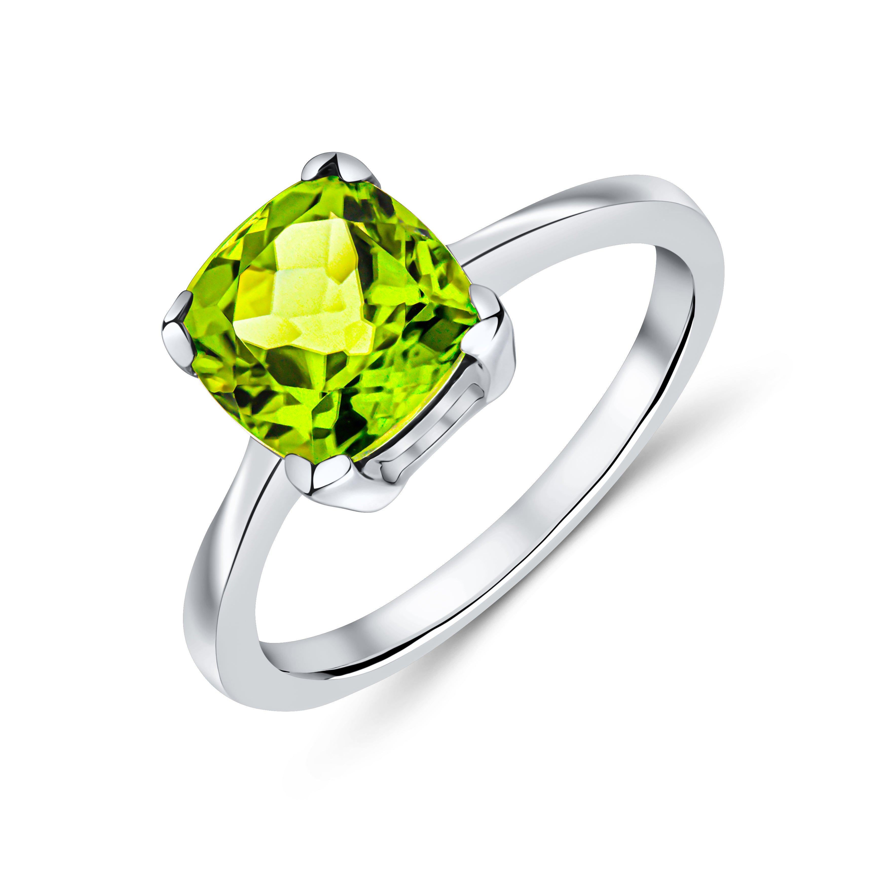 9ct White Gold 8mm Cushion Peridot Claw Set Single Stone Ring