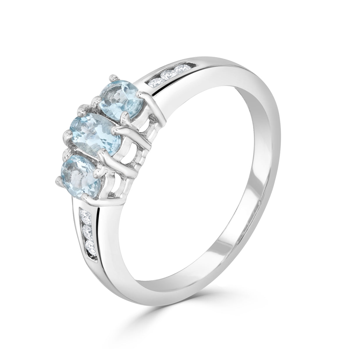 9ct White Gold Oval Aquamarine Claw 3 Stone & Channel Set Diamond Ring