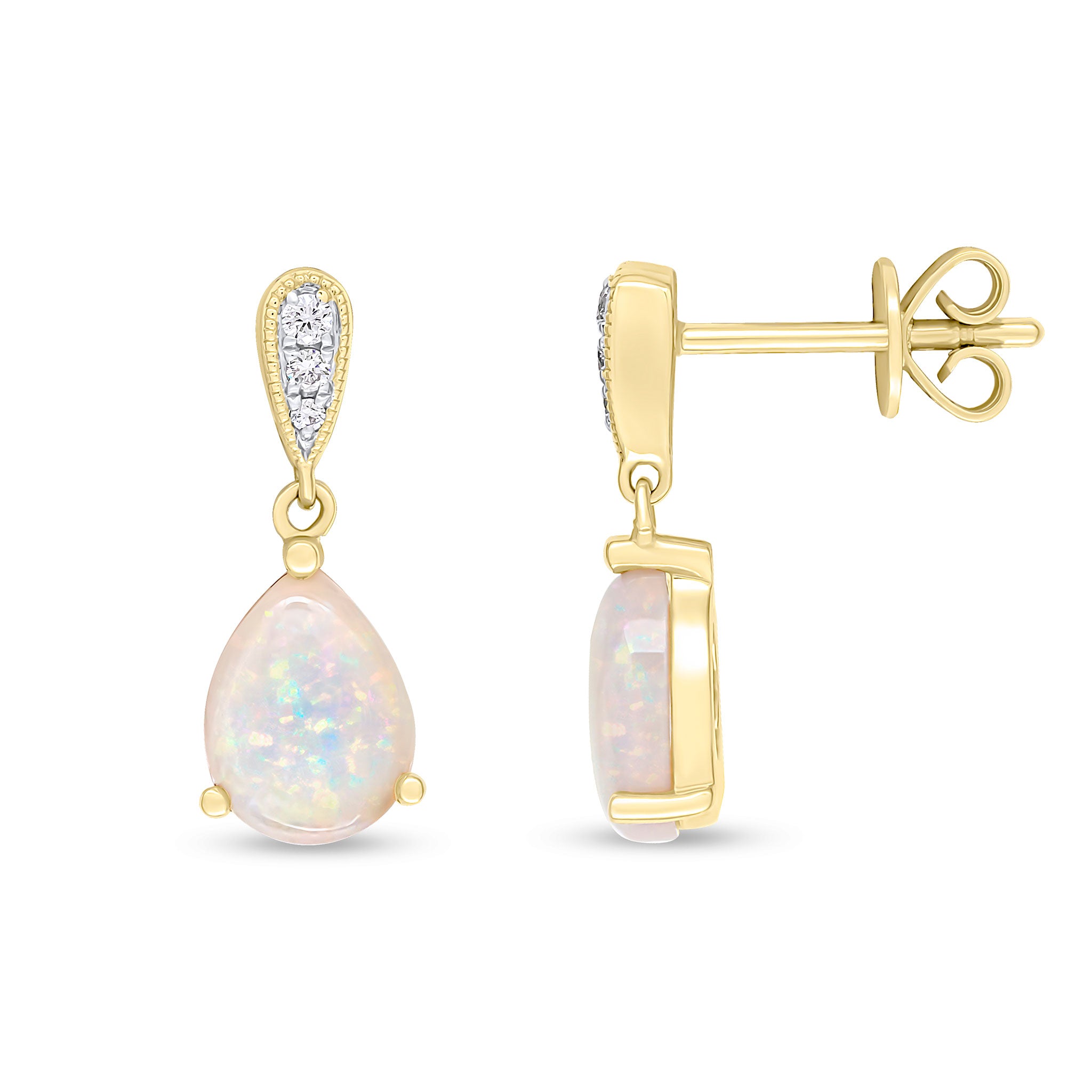 18ct Yellow Gold 8x6mm Pear Shape Opal & Diamond Bar Top Drop Earrings