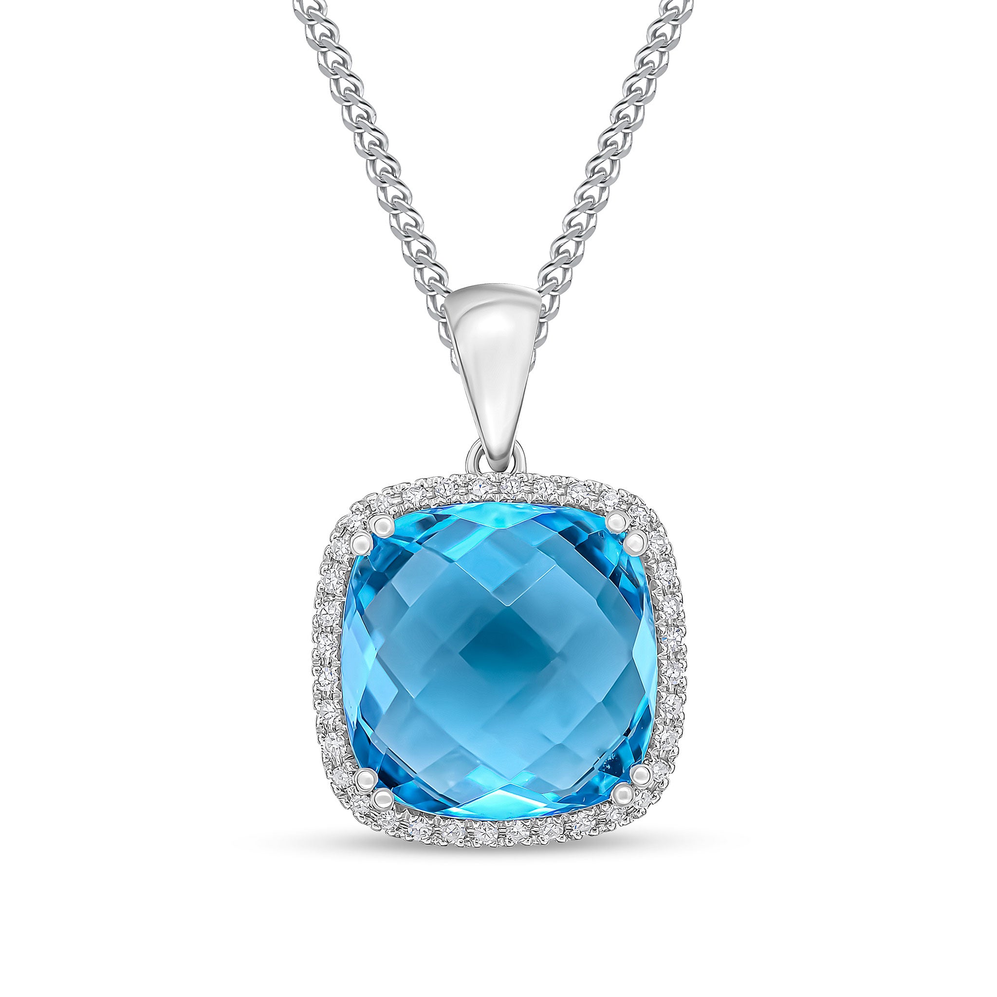 9ct White Gold 12mm Checkerboard Cut Cushion Swiss Blue Topaz & Diamond Cluster Pendant