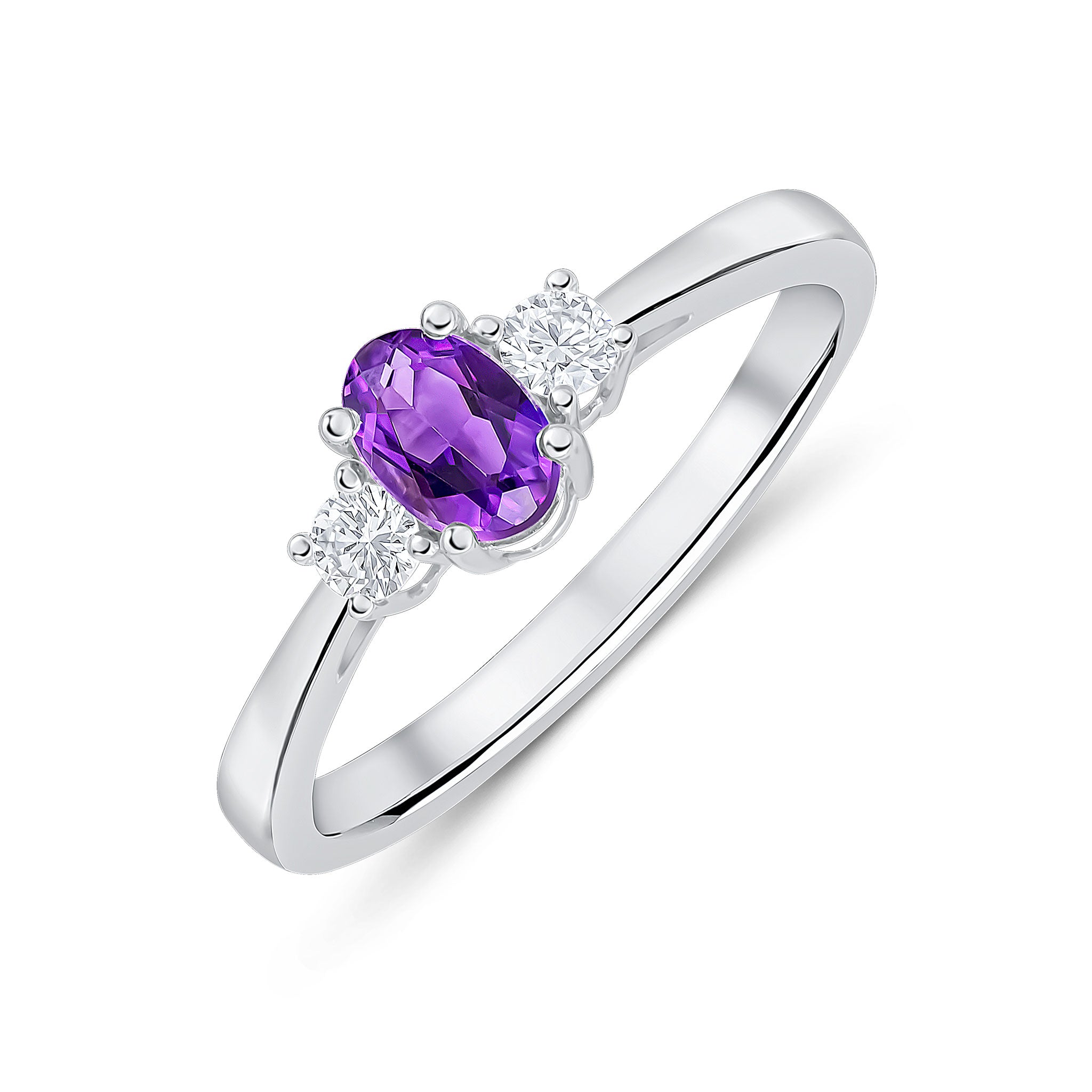 9ct White Gold 6x4 Oval Amethyst and Round Diamond Claw Set 3 Stone Ring