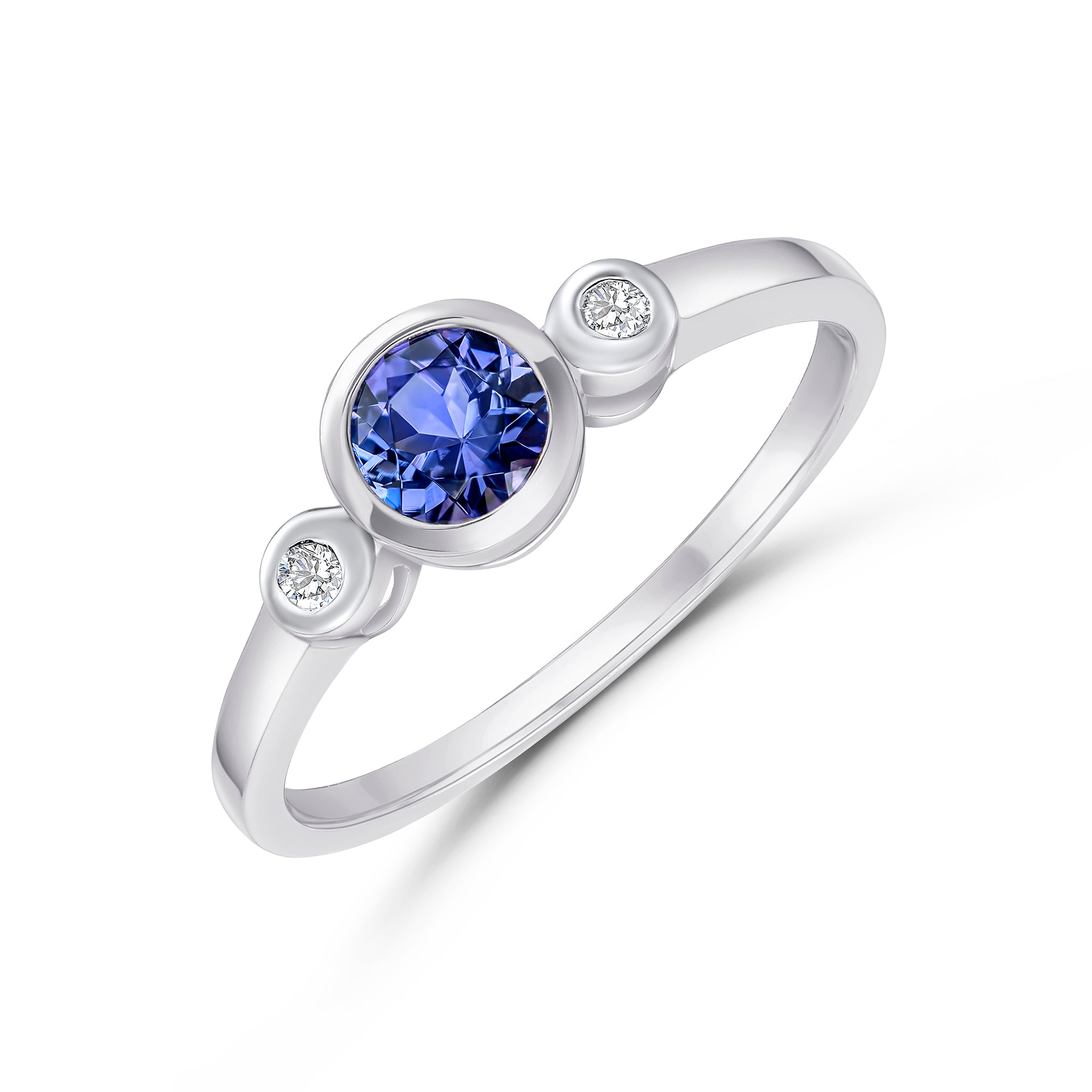 9ct White Gold 5mm Round Tanzanite and Diamond Rubover 3 Stone Ring