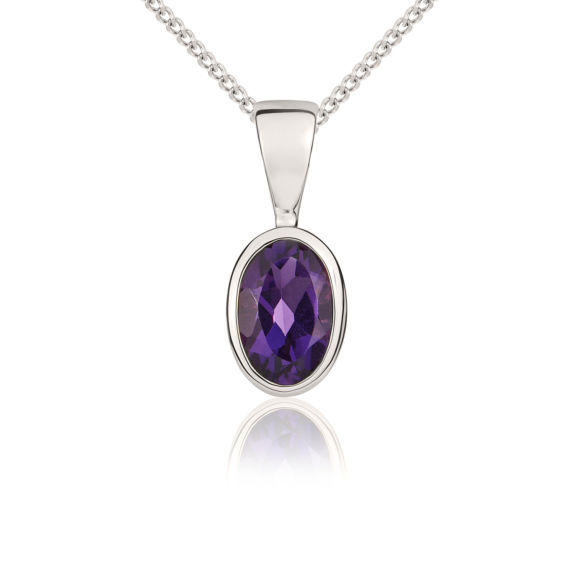9ct white gold 6 x 4 mm oval Amethyst rubover pendant