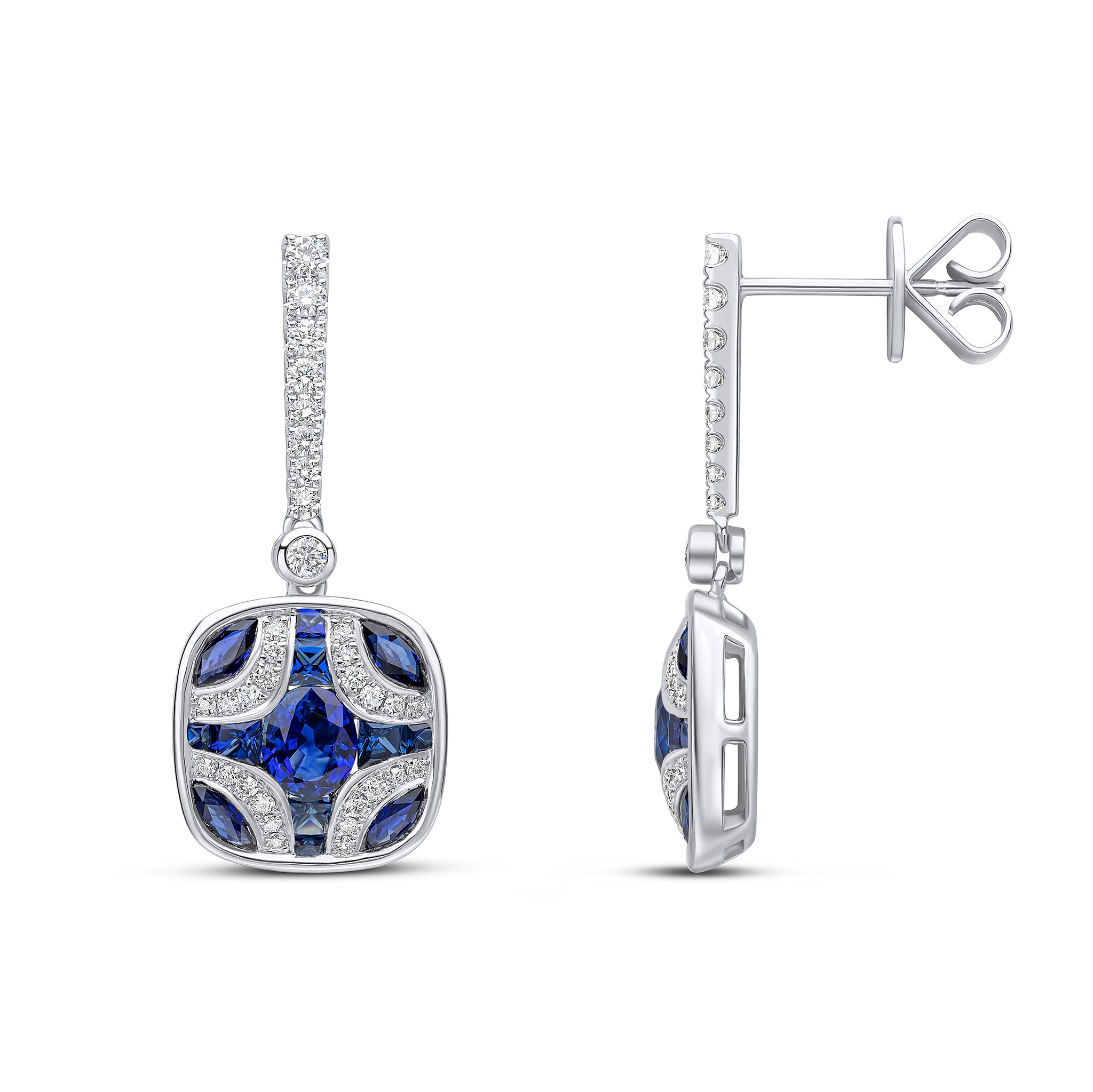 18ct White Gold Sapphire and Diamond Shield & Diamond Line Top Drop Earrings