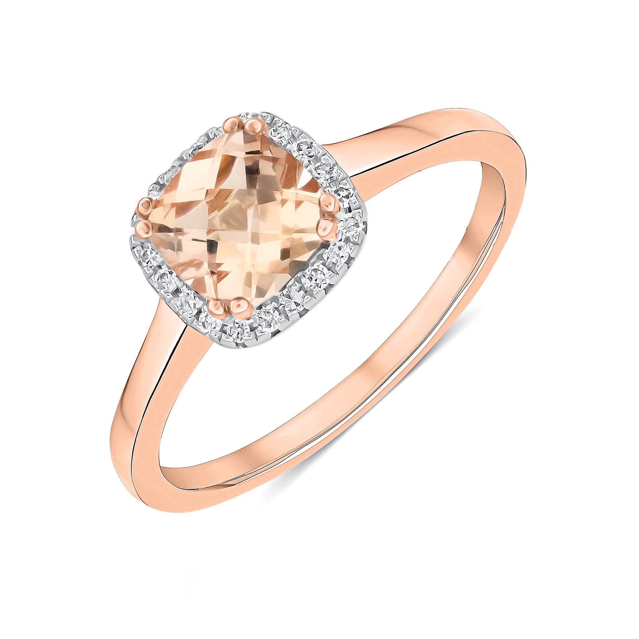 9ct Rose Gold 6mm Checkerboard Cut Cushion Morganite & Diamond Claw Set Cluster Ring