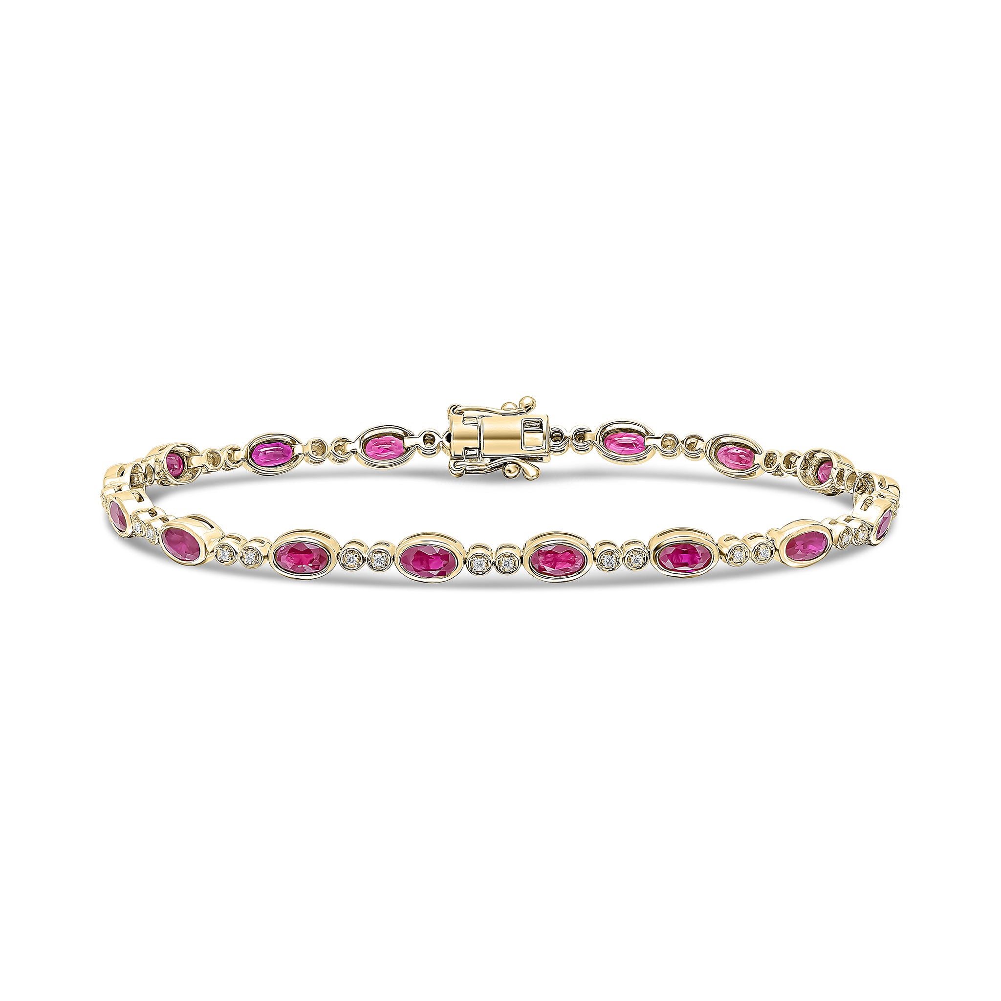18ct Ywg Oval Ruby & 2 Stone Round Diamond Rubover Line Bracelet