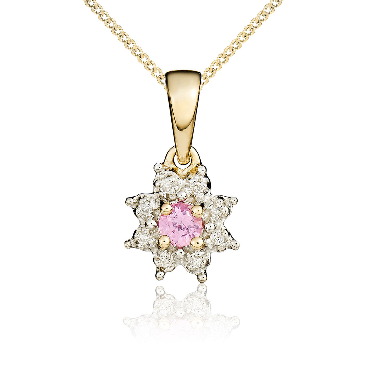 9ct Yellow Gold Round 3mm Pink Sapphire & Diamond Cluster Claw Pendant