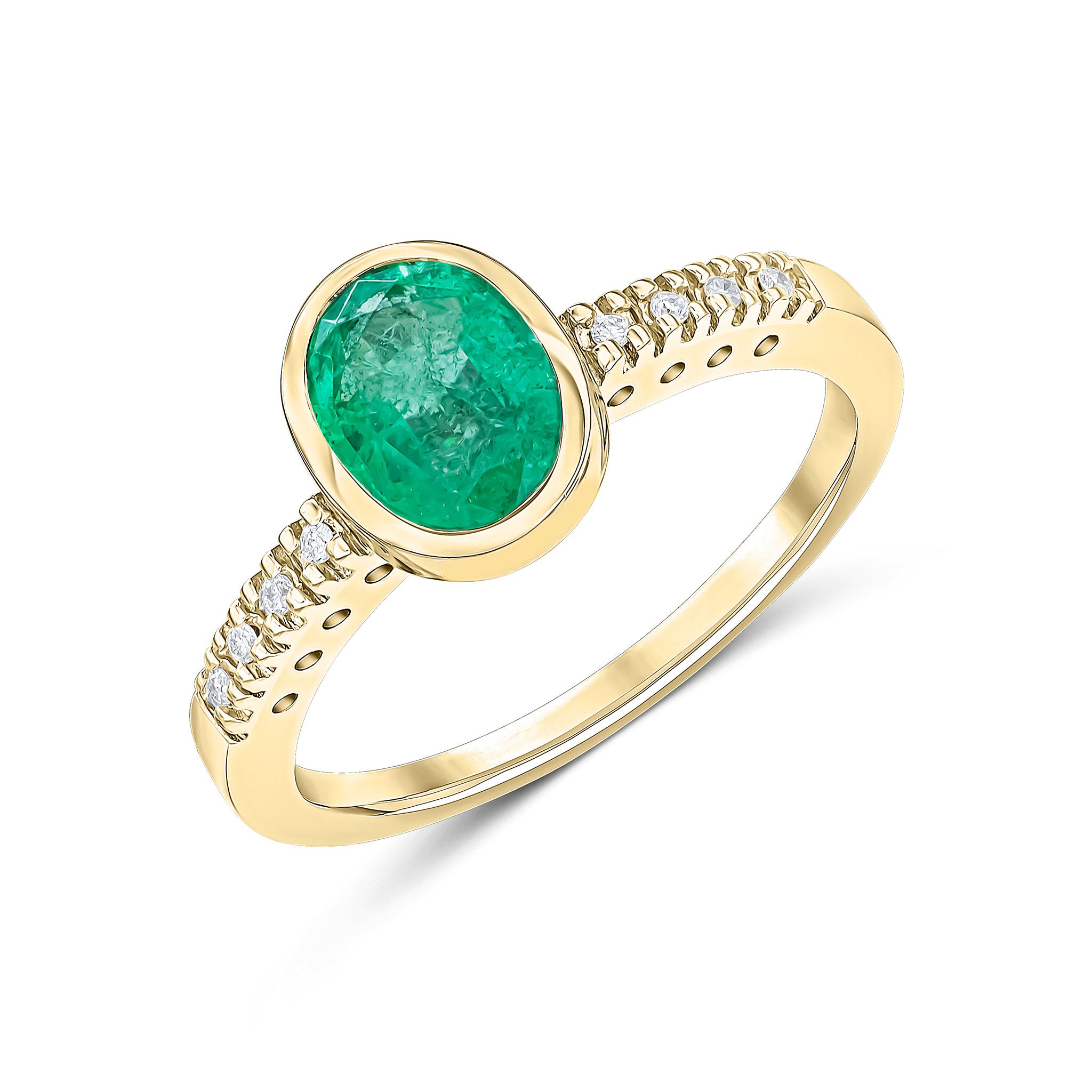 9ct Yellow Gold Rubover 8x6 Oval Emerald Single Stone Ring with Claw Set Diamond Shoulders Rhodium to Diamonds