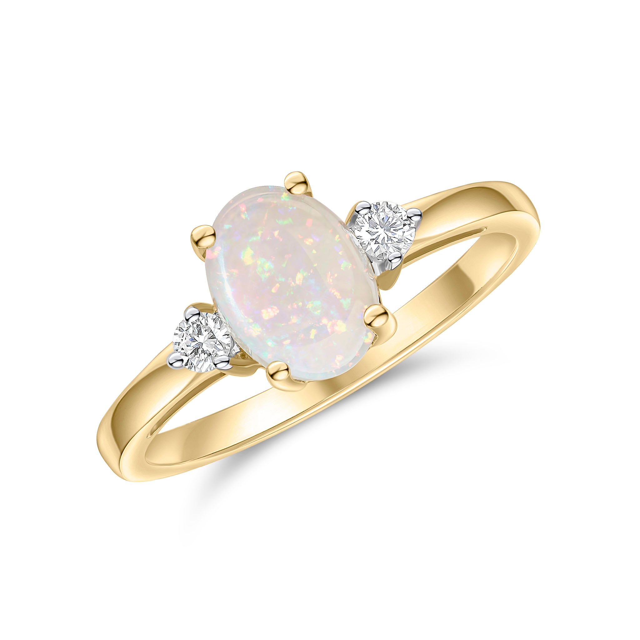 18ct Yellow Gold 8x6mm Oval Opal & Round Diamond Claw Set 3 Stone Ring Rhodium to Diamonds
