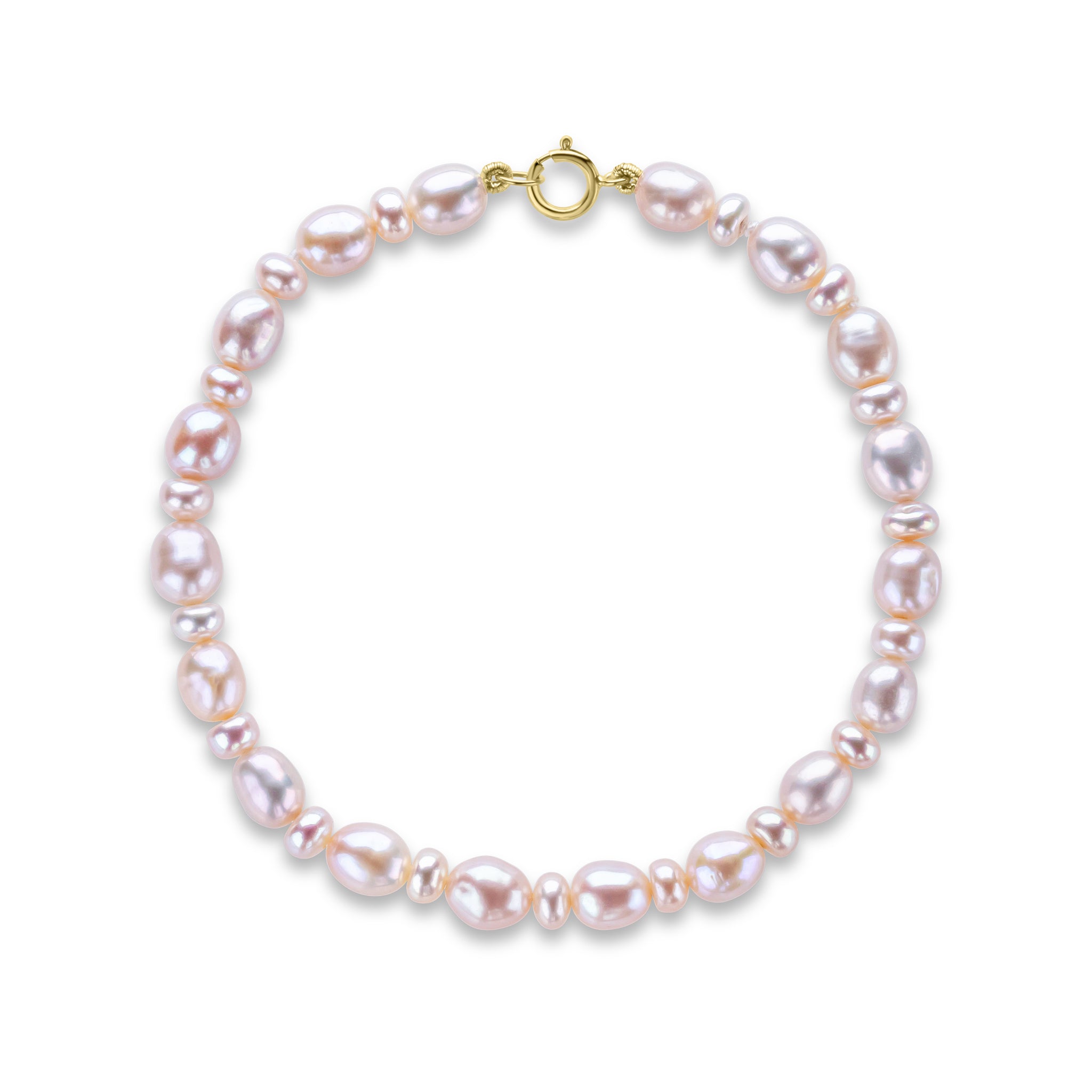 9ct Yellow Gold Genuine Pink Rice Pearl Button Design Bracelet 7.5"
