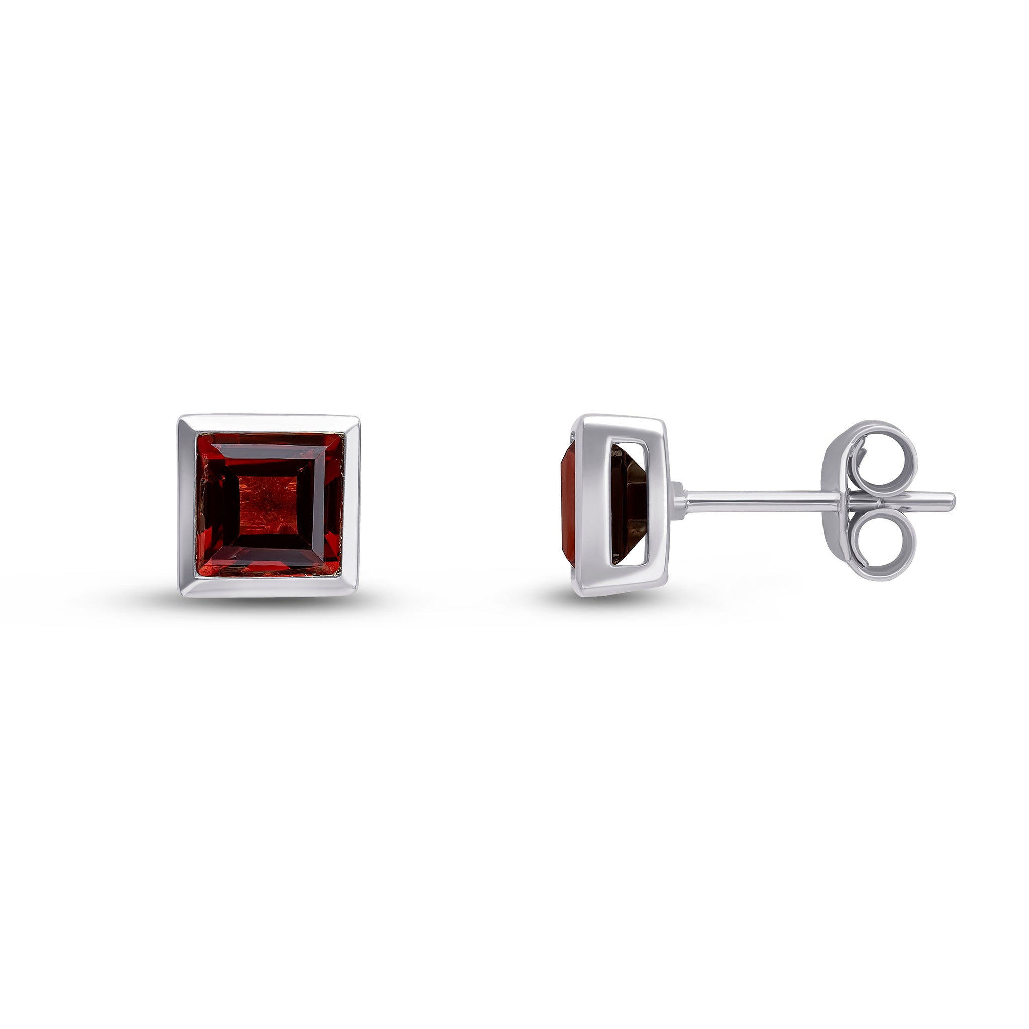 9ct White Gold 5mm Square Garnet Rubover Set Earrings