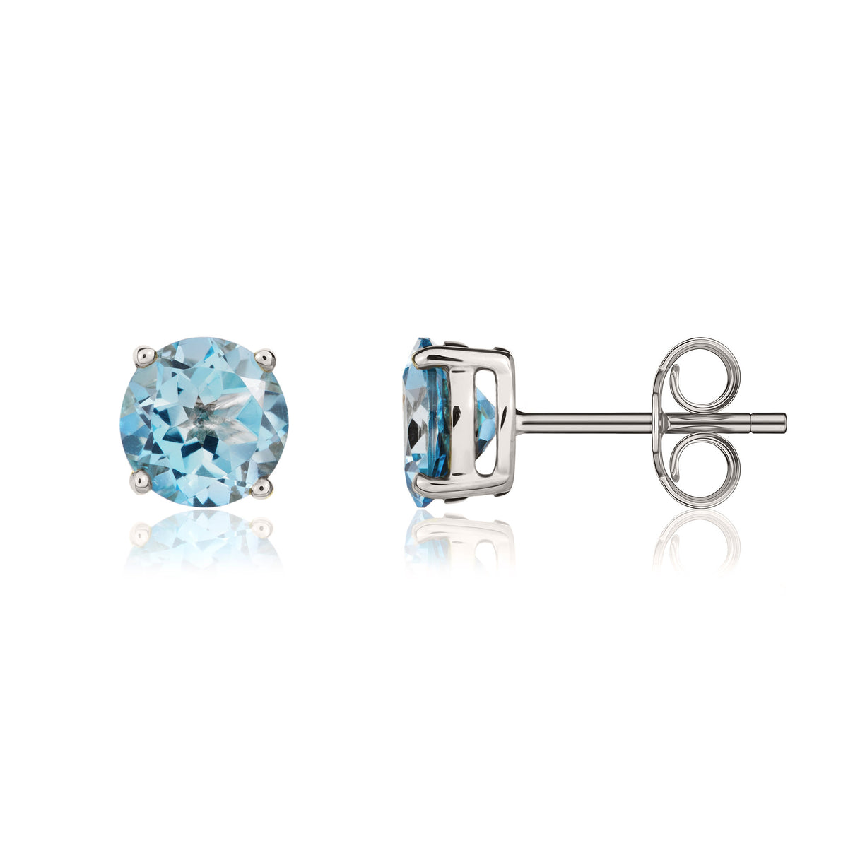 9ct White Gold 7mm Round Swiss Blue Topaz Claw Set Earrings