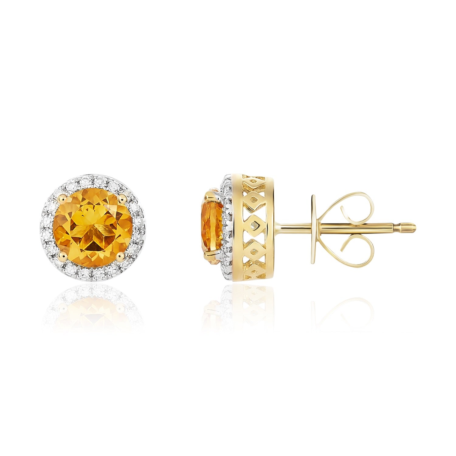 9ct Yellow Gold 6mm Round Citrine and Diamond Claw Cluster Earrings Rhodium to Diamonds