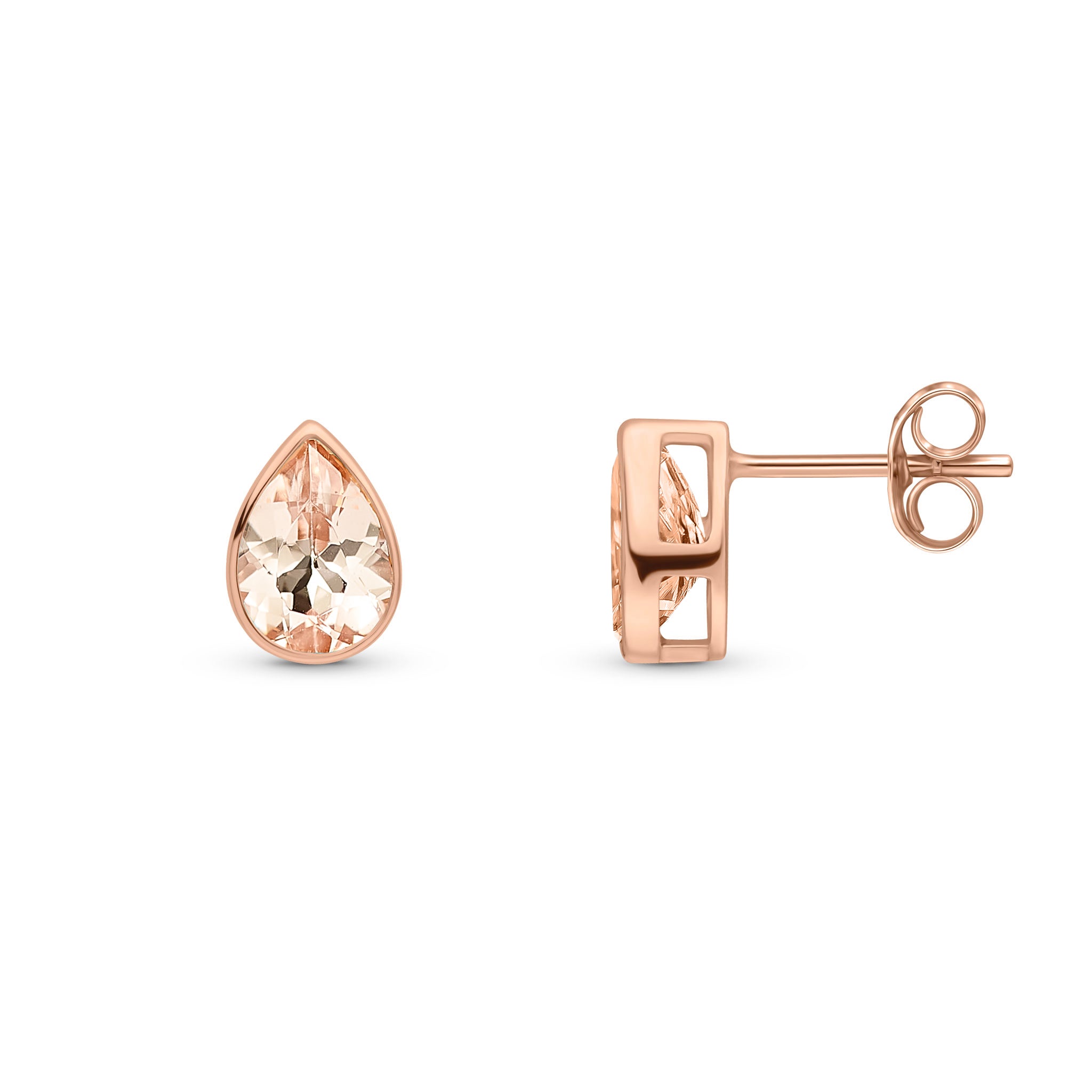 9ct Rose Gold 7x5 Pear Shape Morganite Rubover Set Earrings