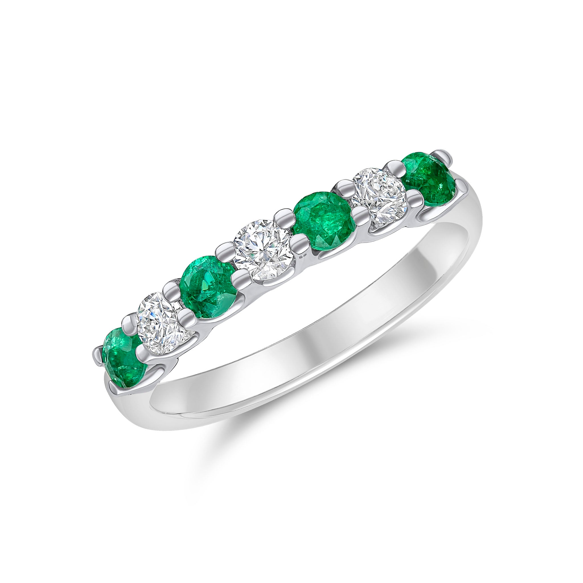 18ct White Gold Round Emerald and Diamond Claw Set 7 Stone Eternity Ring