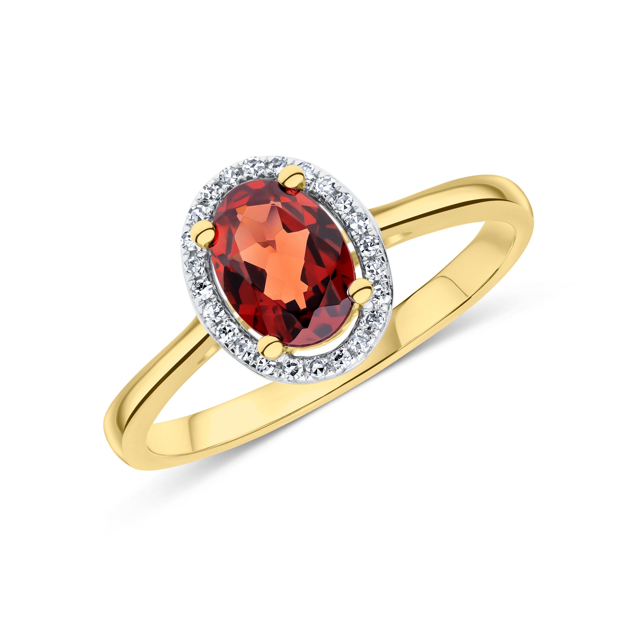 9CT YG 7X5 OVAL GARNET & ROUND DIAMOND HALO CLUSTER RING. RHODIUM TO DIAMONDS 1
