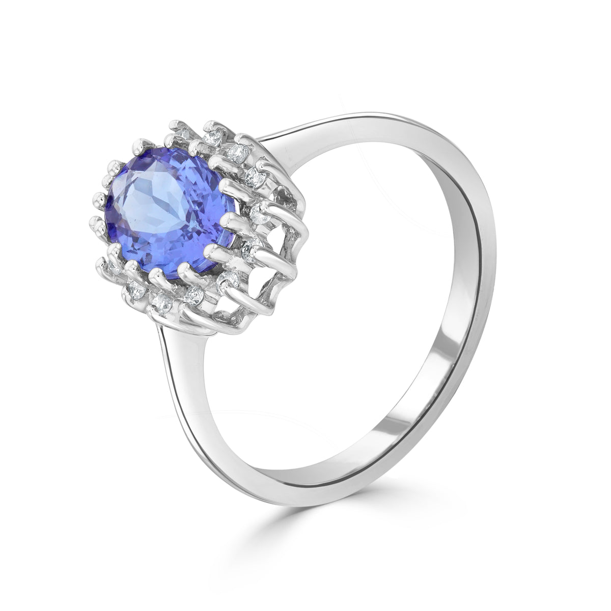 9ct White Gold 8x6 Oval Tanzanite & Diamond Claw Set Cluster Ring
