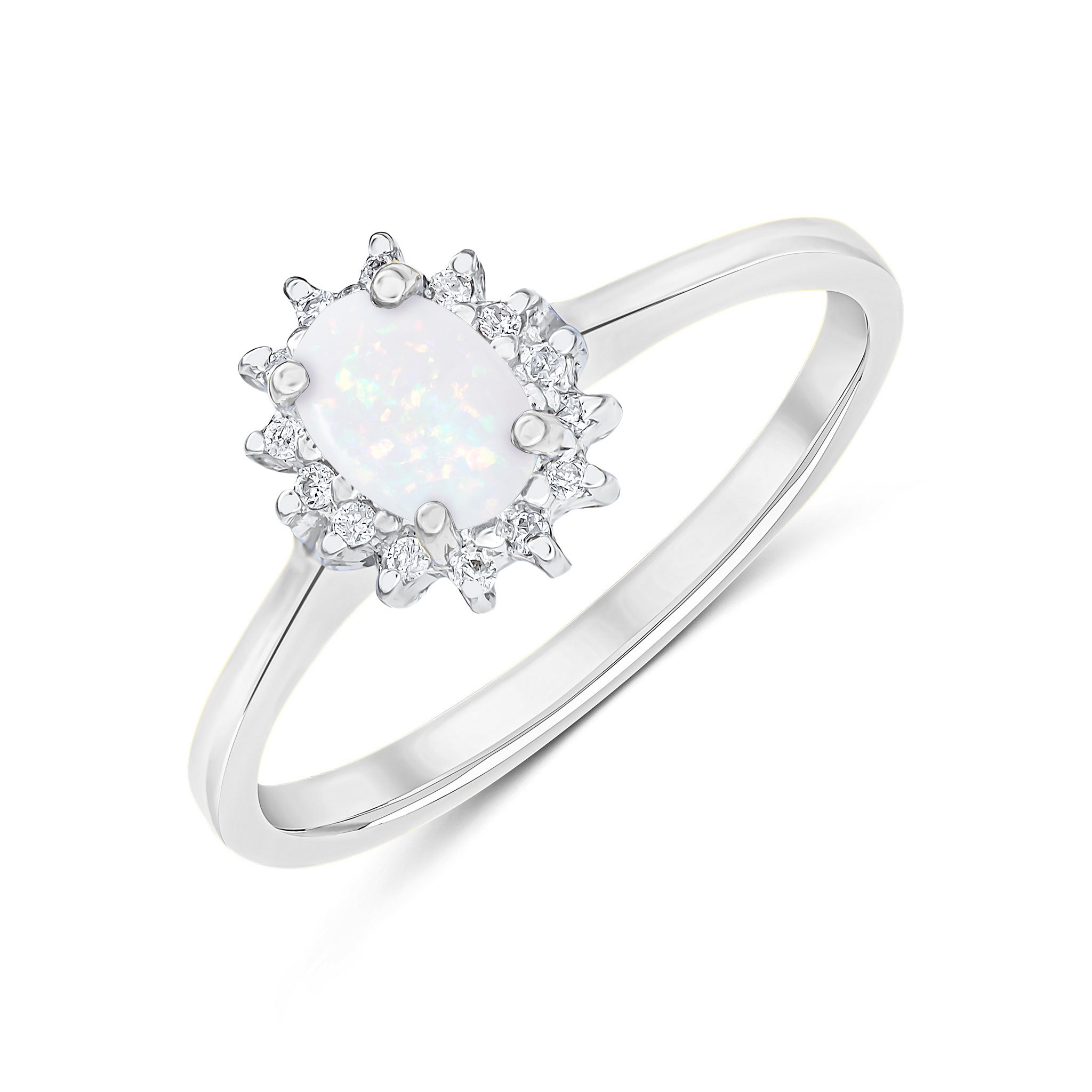 9CT WG 6X4 OVAL OPAL & DIAMOND CLAW SET CLUSTER RING 1