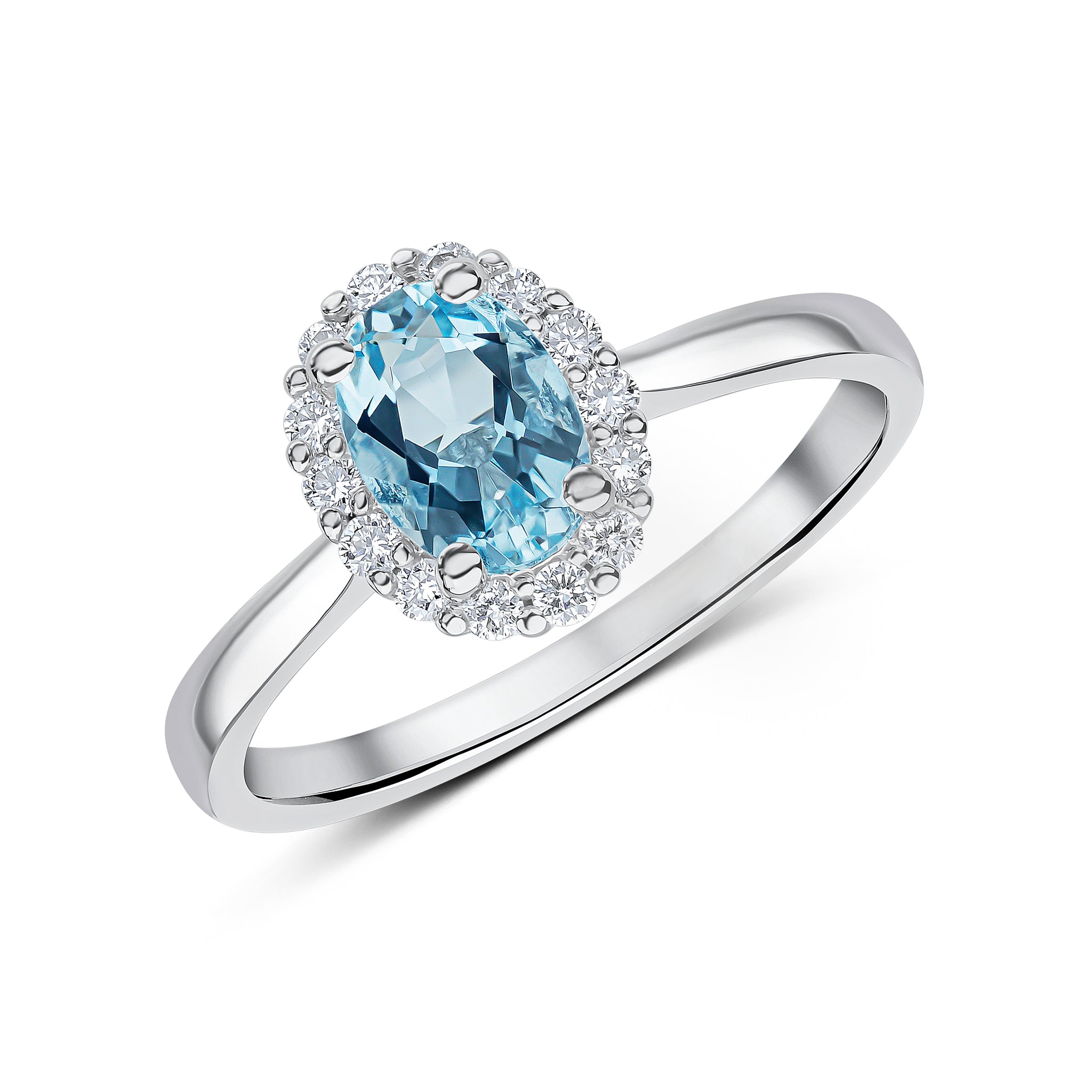 18ct White Gold 7x5 Oval Aquamarine and Diamond Claw Cluster Ring
