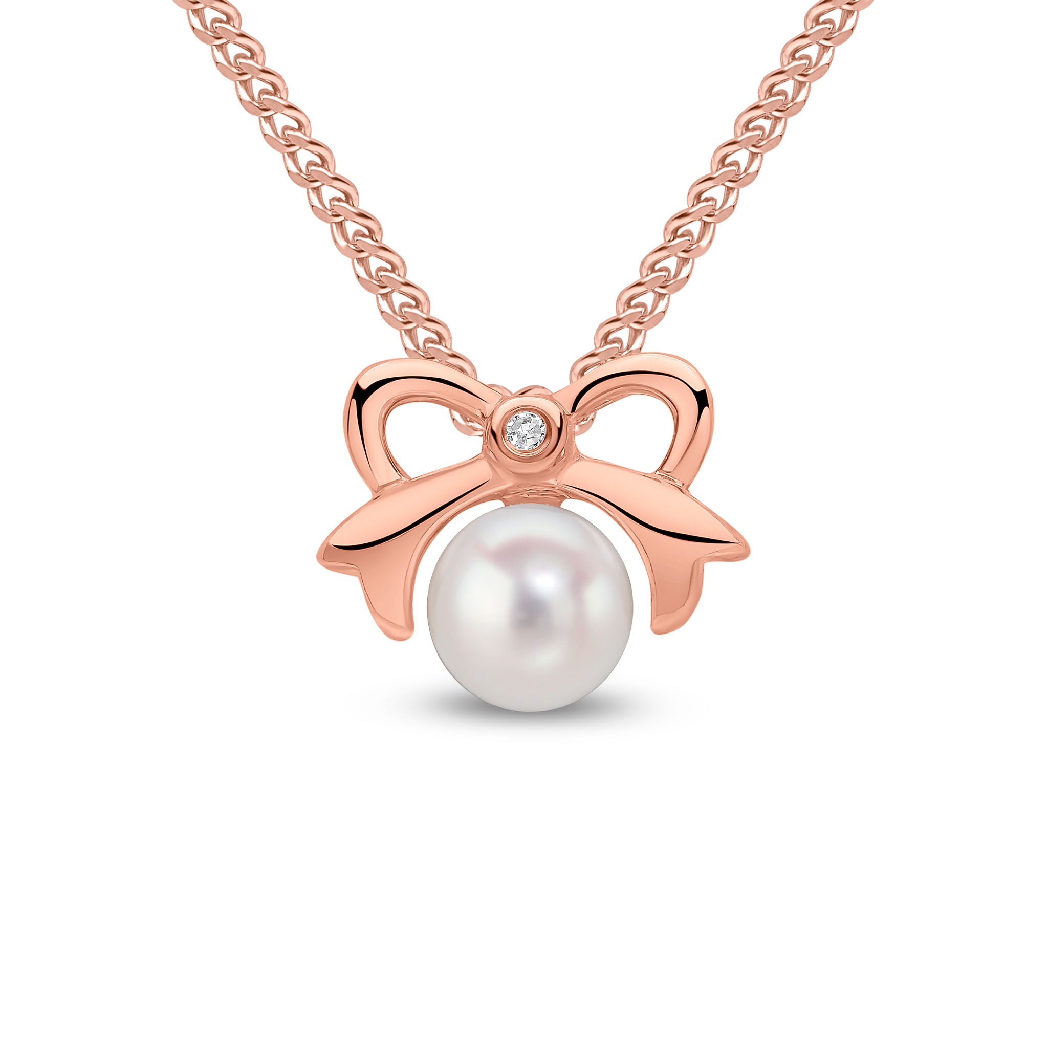 9ct rose gold pearl & diamond Bow Design Slider pendant