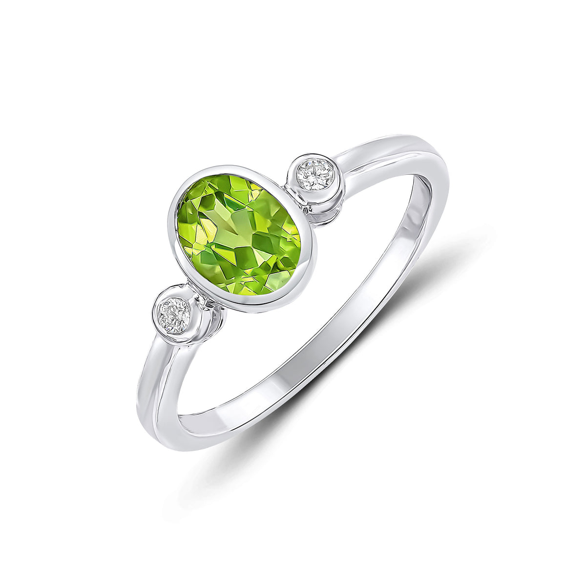 9ct White Gold 7x5 Oval Peridot & Round Diamond Rubover 3 Stone Ring