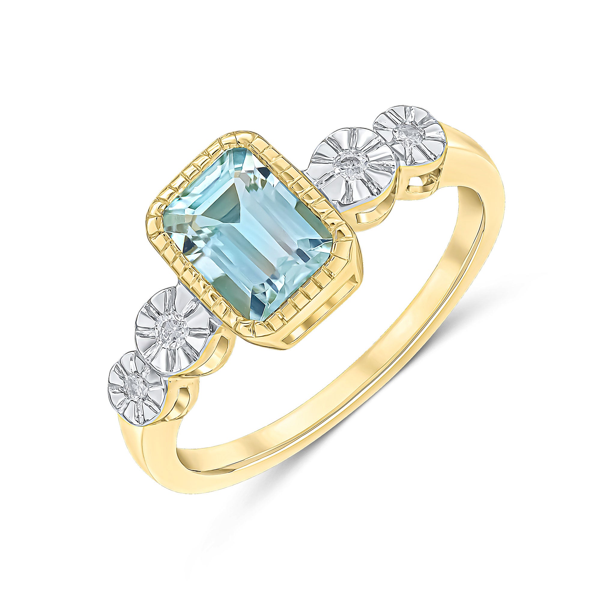 9CT YELLOW GOLD MILLEGRAIN OCTAGON AQUA AND ILLUSION DIAMOND 4ST SHOULDERS RING 1