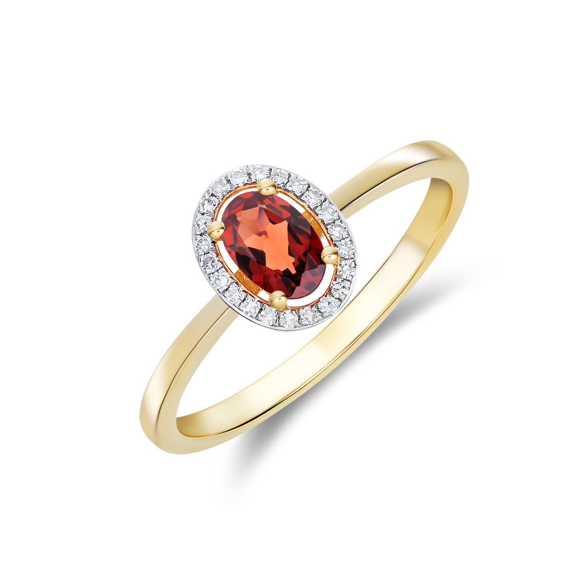 9ct Yellow Gold 6x4 Oval Garnet and Round Diamond Halo Cluster Ring