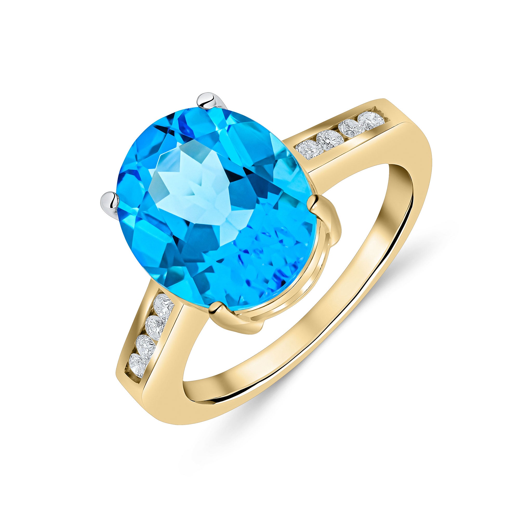 9CT YG 12X10MM CLAW SET OVAL SWISS BLUE TOPAZ SINGLE STONE RING WITH CHANNEL SET DIAMOND SHOULDERS 1