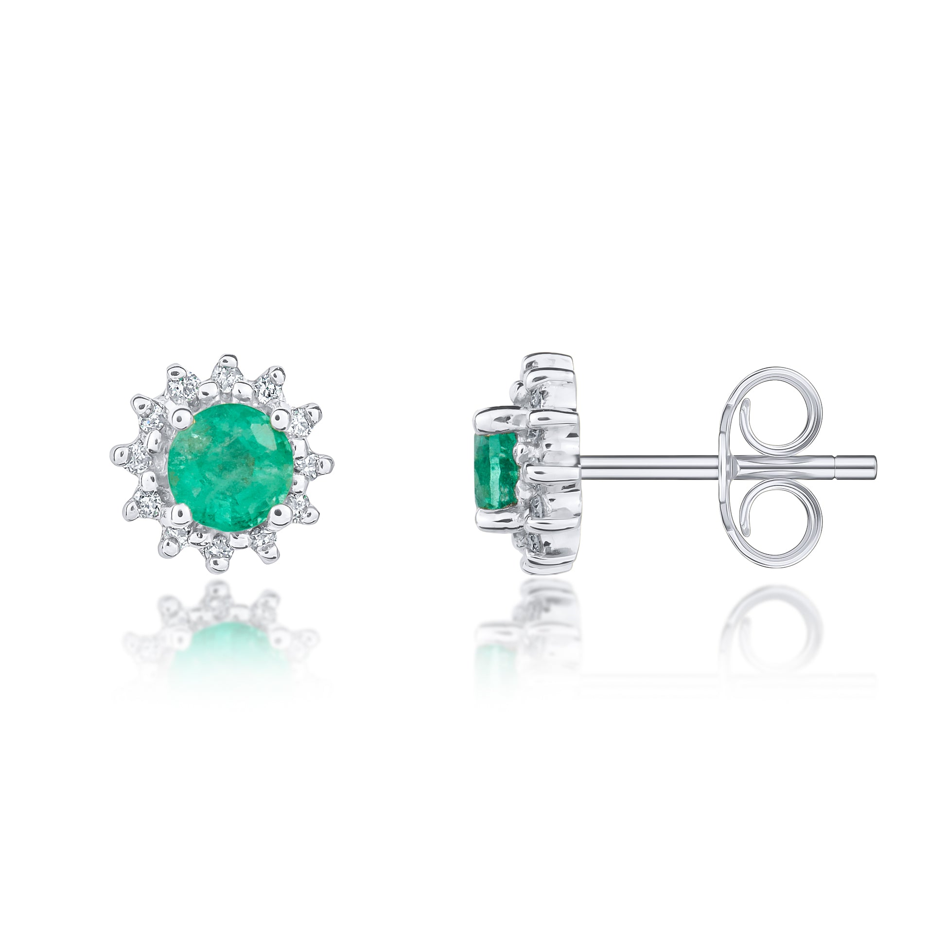 9ct White Gold 4mm Round Emerald & Diamond Claw Set Cluster Earrings