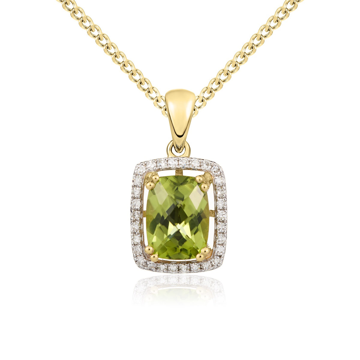 9ct Yellow Gold Octagonal Cushion Peridot & Diamond Cluster Pendant