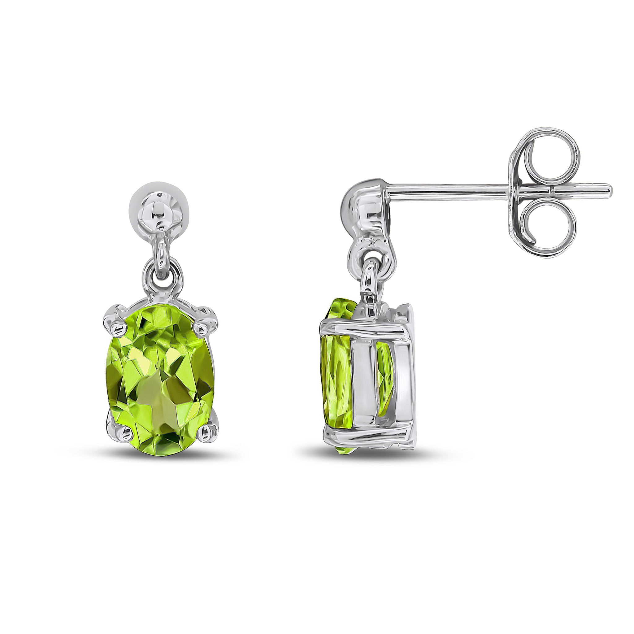 9ct White Gold Oval 7x5mm Peridot Claw Drop Earrings with Bead Top