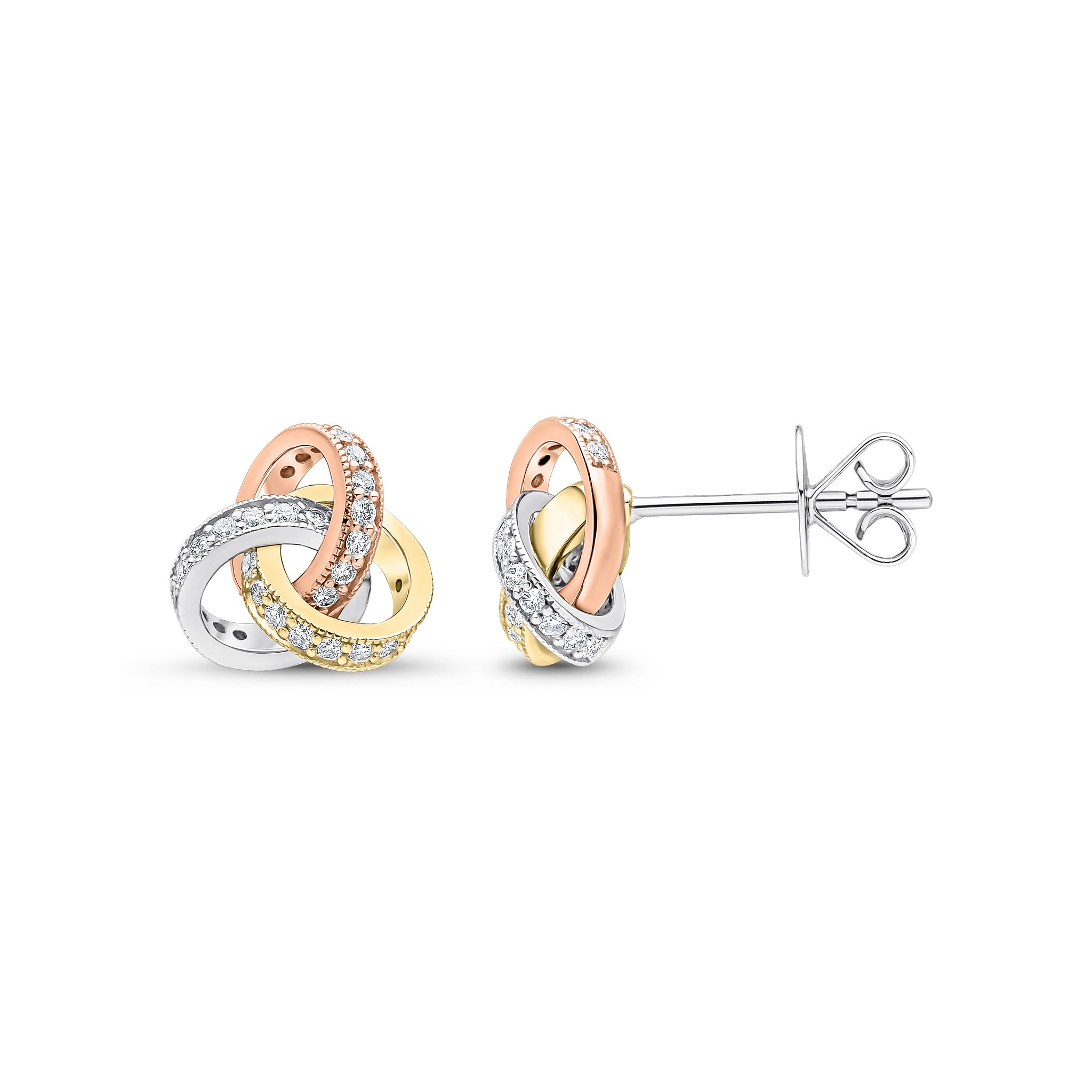 18ct Yellow White and Rose Gold Round Diamond Grain Set Knot Stud Earrings Small